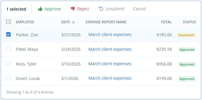 Expense approval screen for submitted expenses
