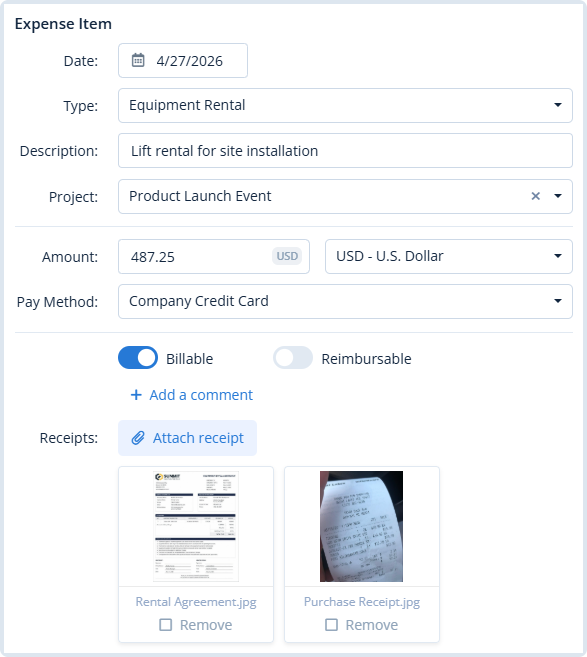 Expense tracking software showing expense details with a receipt