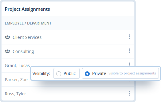Project access settings for assigned employees and teams