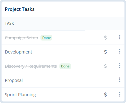 Project task tracking with billable task settings