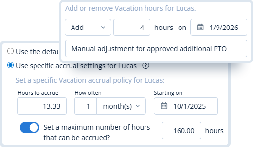 Manual PTO balance adjustment screen
