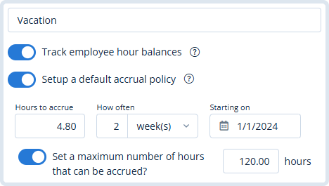 Time off tracking software showing PTO accrual setup