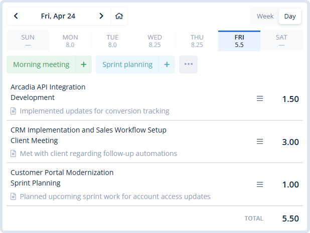 Daily time tracking view in MindSalt