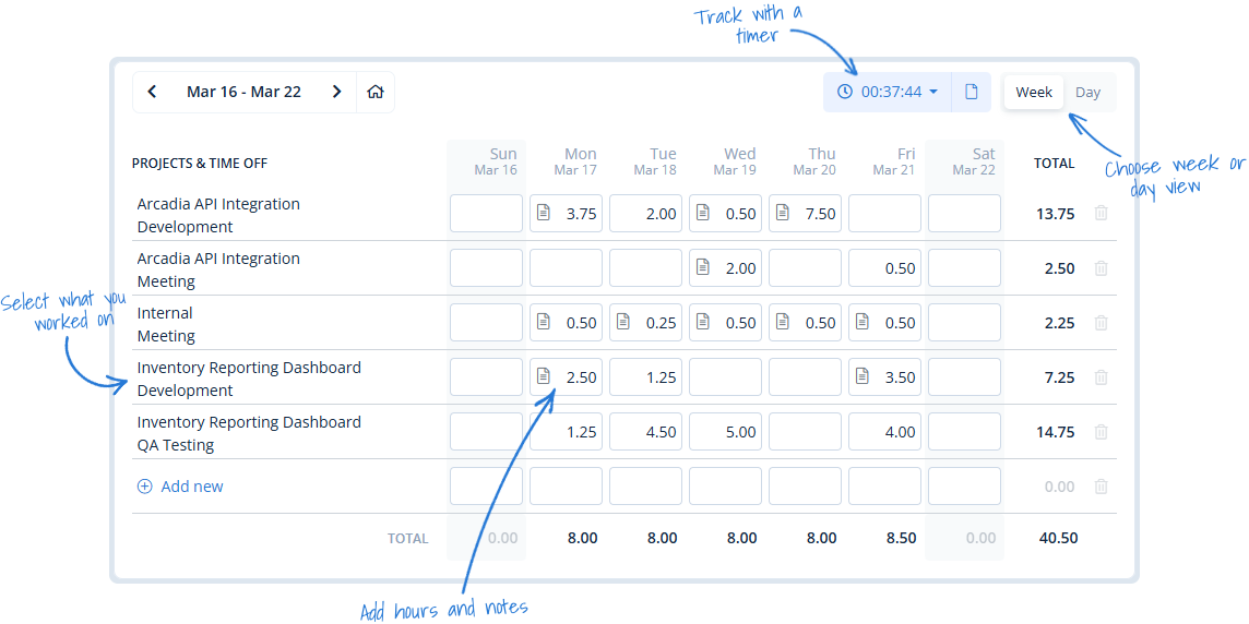 Time tracking software showing project hours on a timesheet
