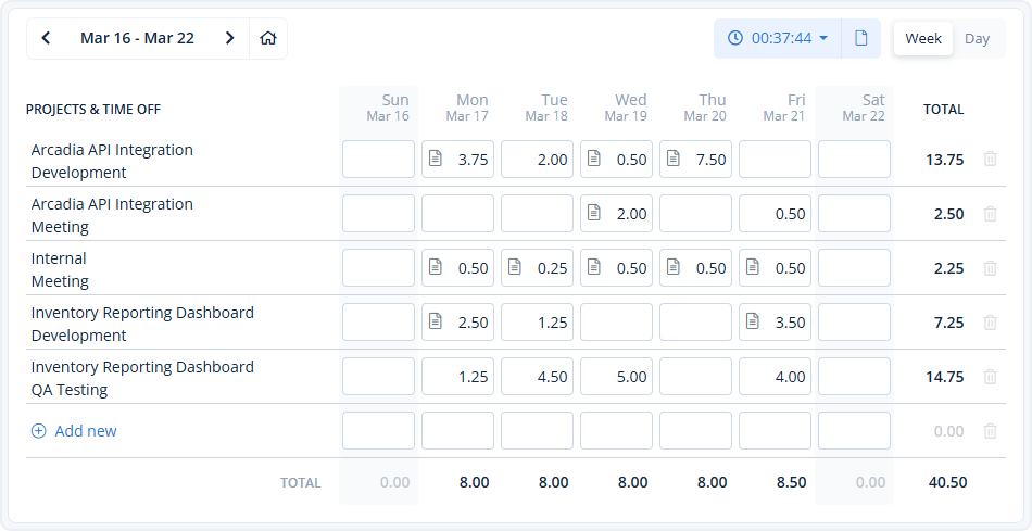 MindSalt time tracking screen.